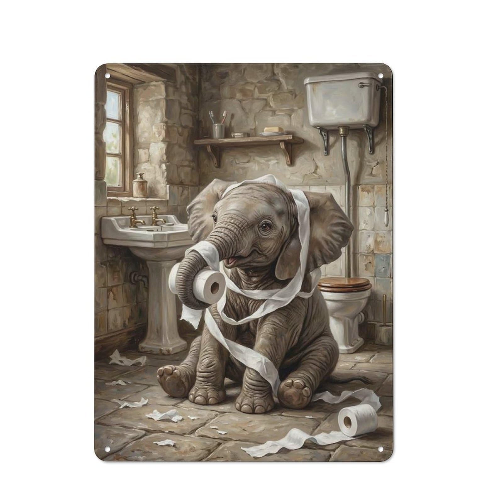Baby Elephant in Bathroom with Toilet Paper Rustic Tin Sign 40x30cm for Garage Or Workshop, with Clear Rustic Wall Decor Character