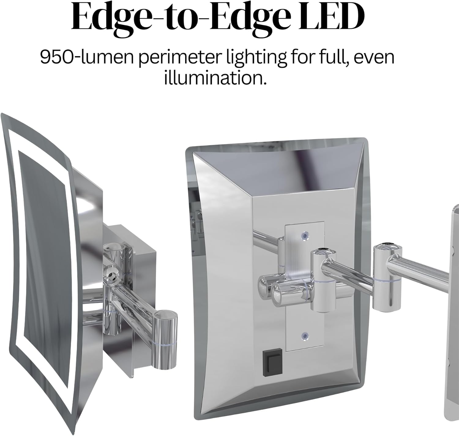 Aptations LED Rectangular Mirror (6.6" x 4.25") - 3X Magnification | Switchable Cool & Warm Light | Hardwired Arm Wall Mirror | For Vanity, Bedroom, Bathroom | Energy Efficient (Chrome)