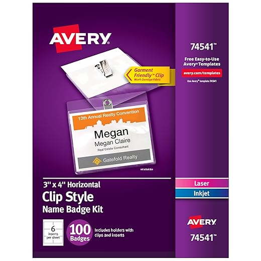 Avery Customizable Name Badge Clips, 3" x 4", White, 100 Printable Inserts and Badge Holders with Clips (74541), 3 x 4