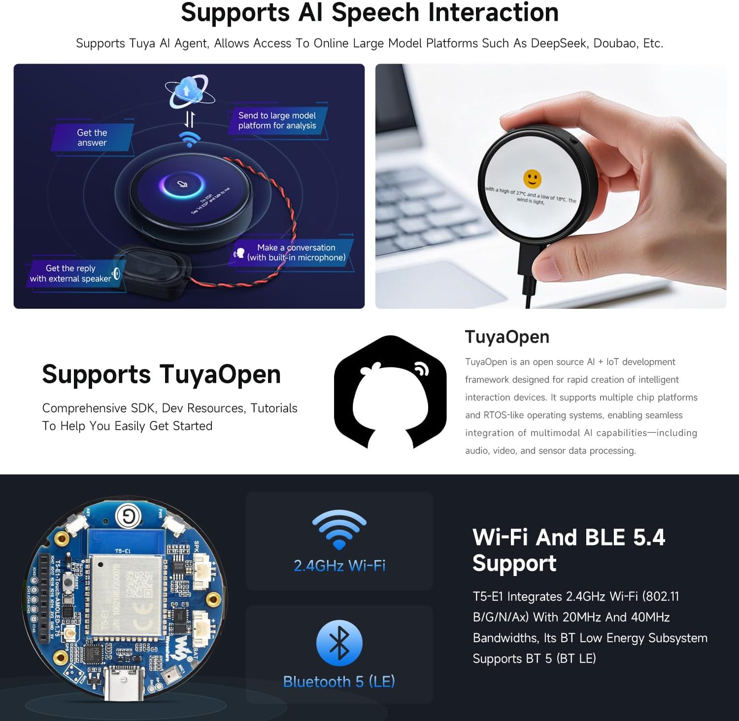 Waveshare Tuya T5-E1 1.75inch AMOLED Round Dev Board, 466 × 466 Touch Display, QSPI Interface, Supports Smart Global AI Cloud Development Platform/Multiple Large Models, All-in-One,Without GPS Module
