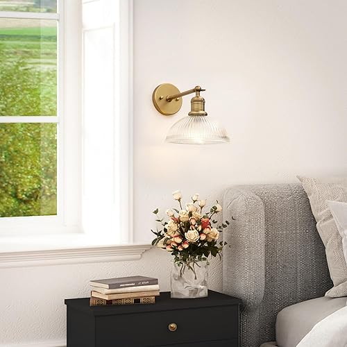 Miniatura 5 de Yosoan Aplique de pared interior de latón antiguo, 1 luz moderna de tocador, lámpara industrial vintage, lámpara individual industrial con cableado,