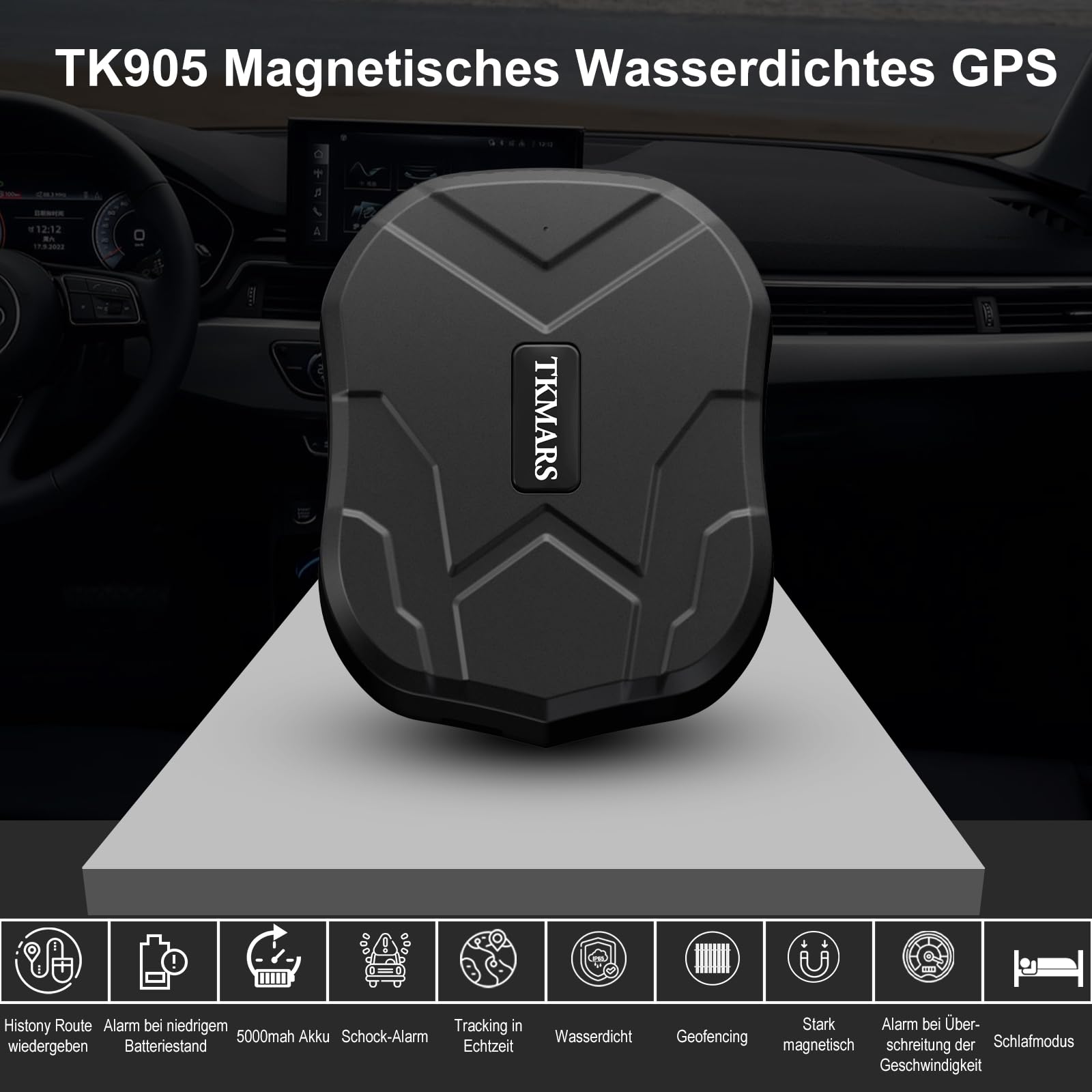 TKMARS GPS Tracker Ohne ABO GPS Tracker Auto 90 Tage Standby-Zeit, 5 Sekunden Zum Aktualisieren Der Position, Stark Magnetisch und Wasserdicht mit Kostenloser App, 5000mah