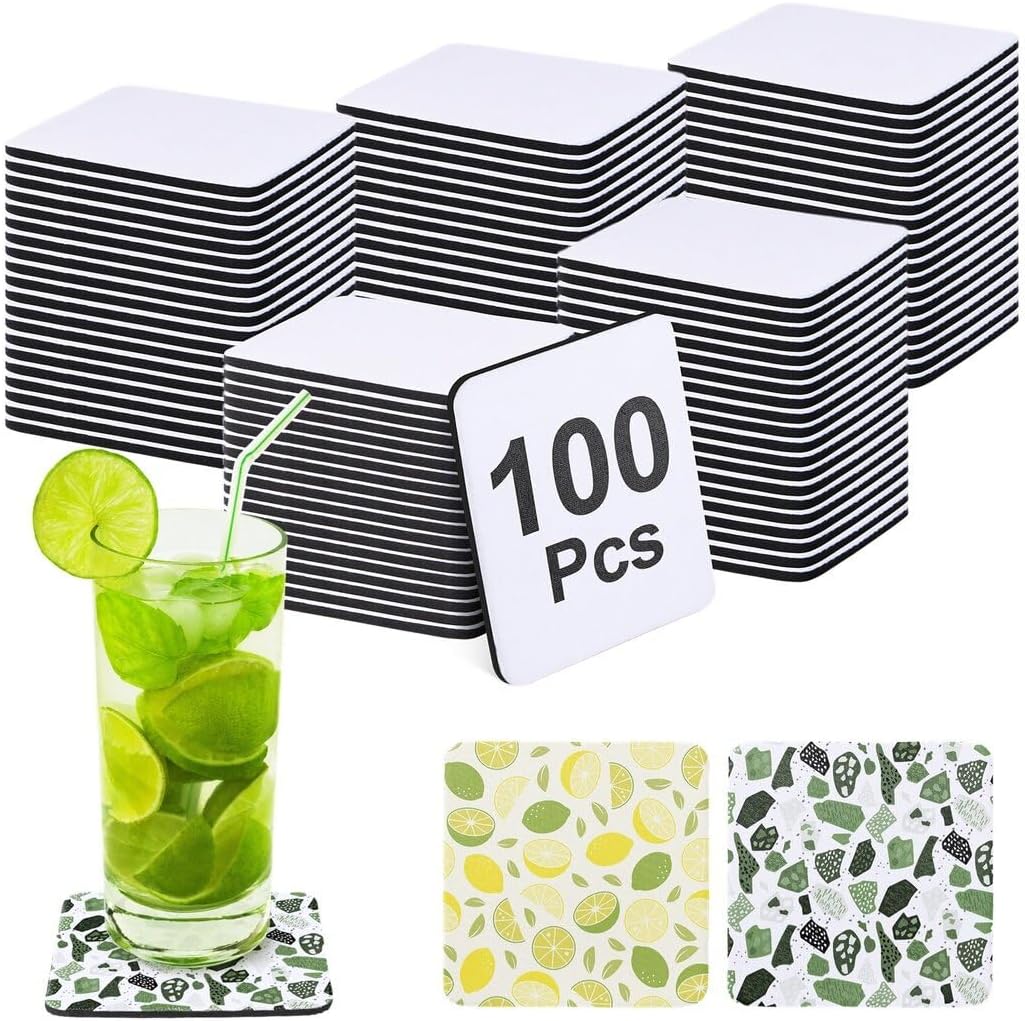 Homaisson 100 Pcs Sublimation Blank Cup Coasters Bulk, 4 x 4 Inches Square Blank Cup Mats Sublimation Transfer Heat Press Printing Coaster for DIY Crafts