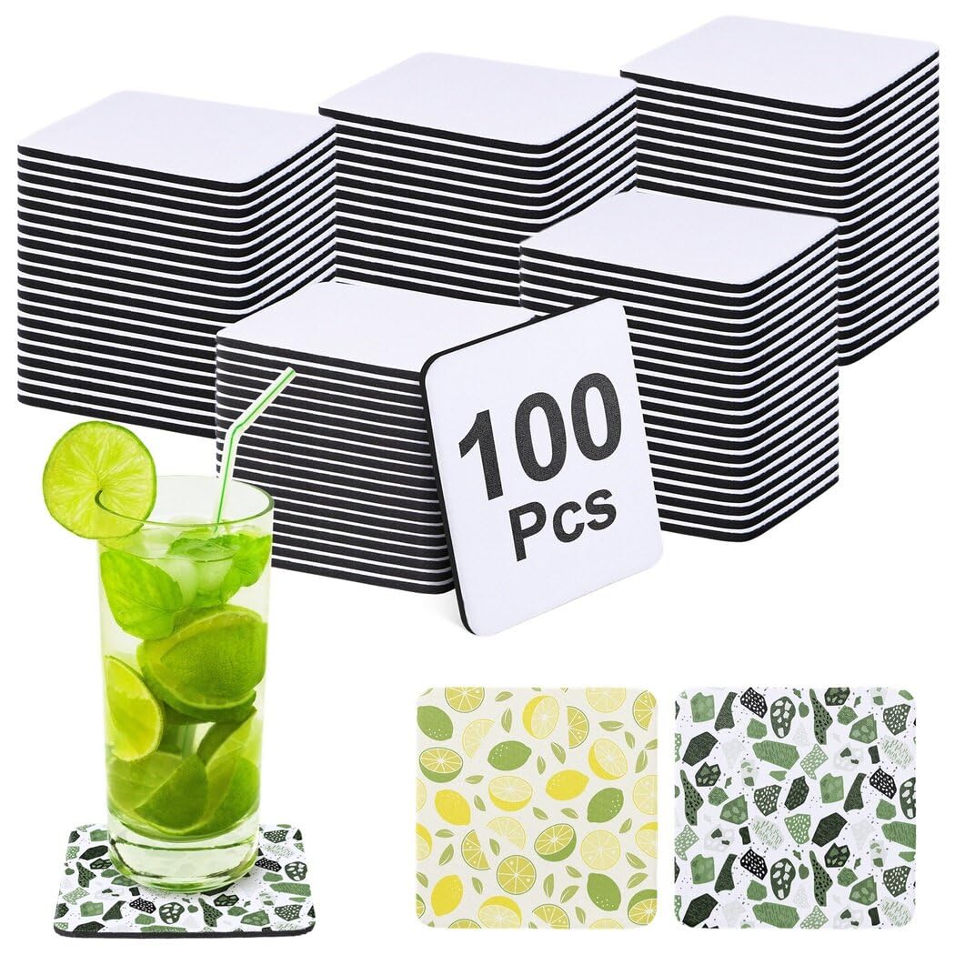 Homaisson 100 Pcs Sublimation Blank Cup Coasters Bulk, 4 x 4 Inches Square Blank Cup Mats Sublimation Transfer Heat Press Printing Coaster for DIY