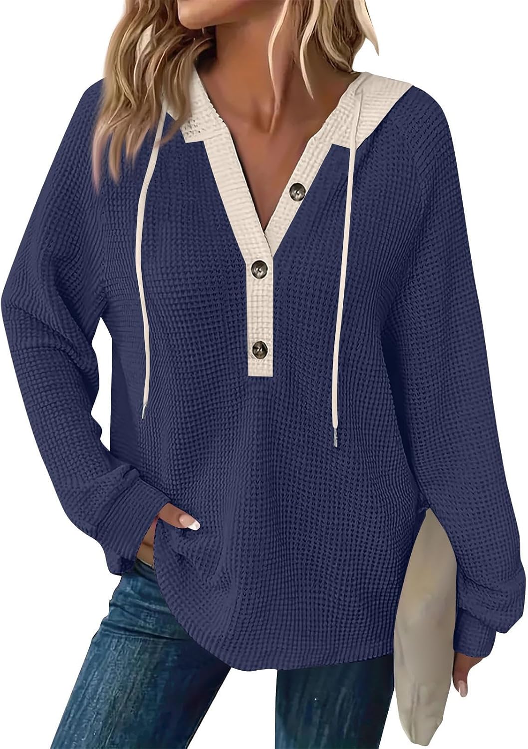 Oversized Sweatshirt For Women Waffle Button Hoodie Fall V Neck Hoodies Knit Long Sleeve Drawstring Casual Pullover