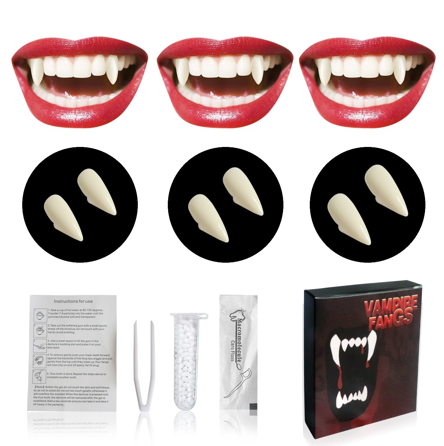 3 Vampirzähne Für Kinder & Erwachsene – Halloween-Kostümzubehör Aus Vinyl