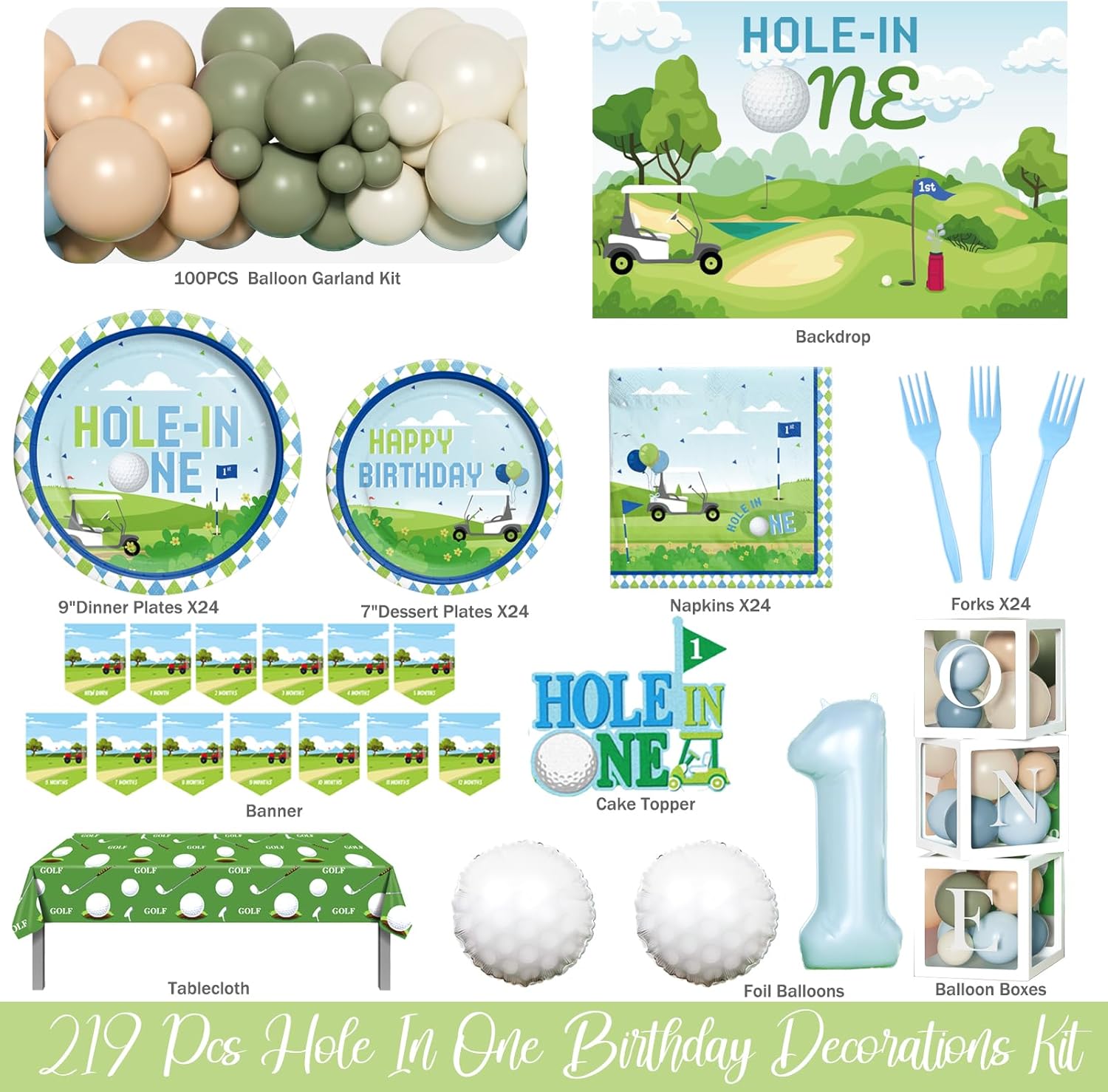 Hole in One Birthday Decorations, 219 PCs Golf First Decoration for Boy 1 Year Old Party Supplies Tableware Set with Balloon Boxes, Plates and Napkins, Photo Banner, Backdrop, Tablecloth Cake Topper