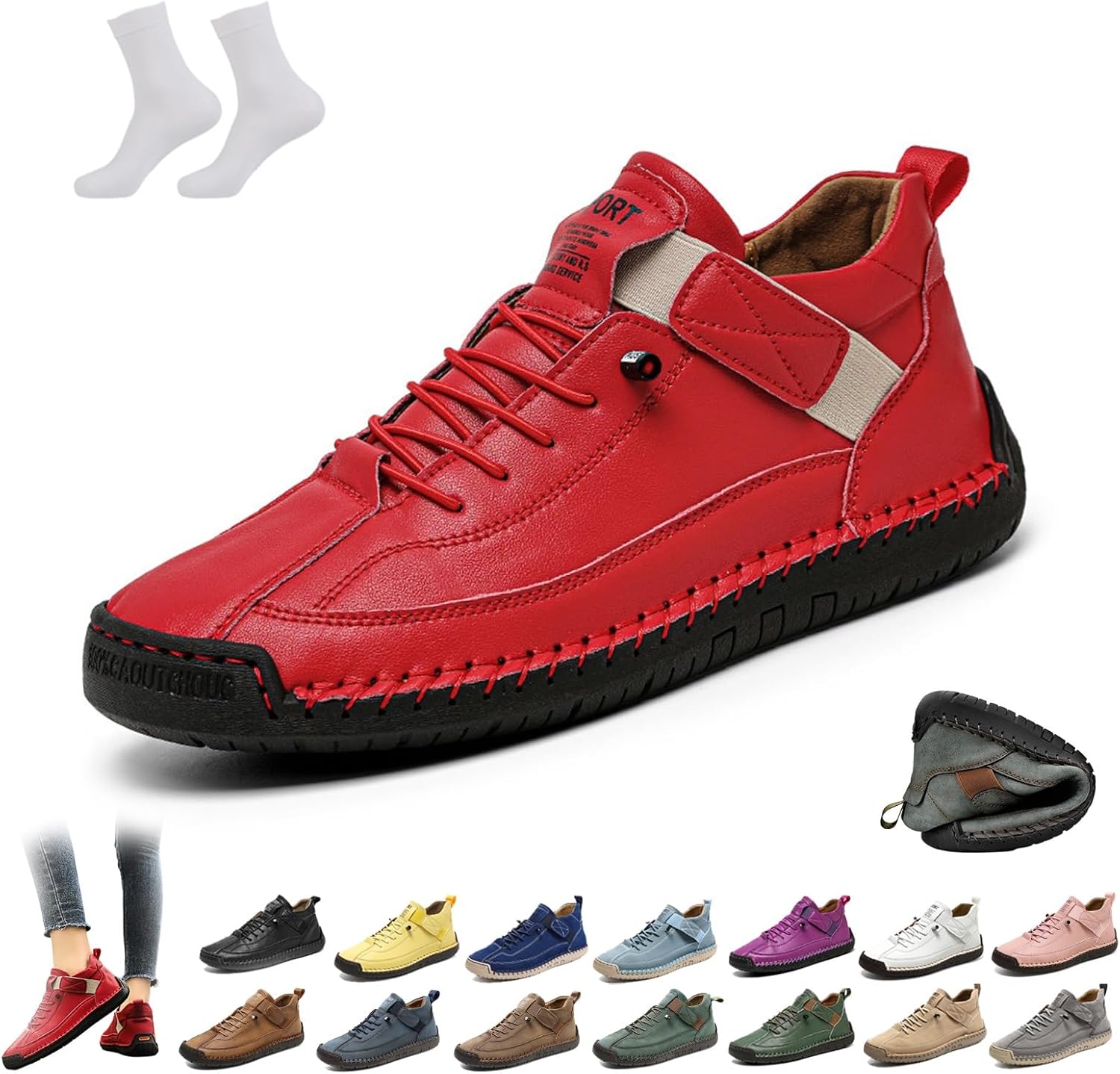 Women Men Handmade Leather Comfortable Orthopedic Sneakers Outdoor Waterproof Non-slip Slip on Shoes Soft Lightweight Loafers Barefoot Boots for Hiking, Walking & Driving(White,11 Women/9.5 Men)