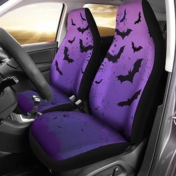 Waterproof Car Seat Covers for Front, 2 Pcs Halloween Purple Bat Print Universal Elastic Vehicle Seats Cushion Automotive Interior Protection Accessories for Women