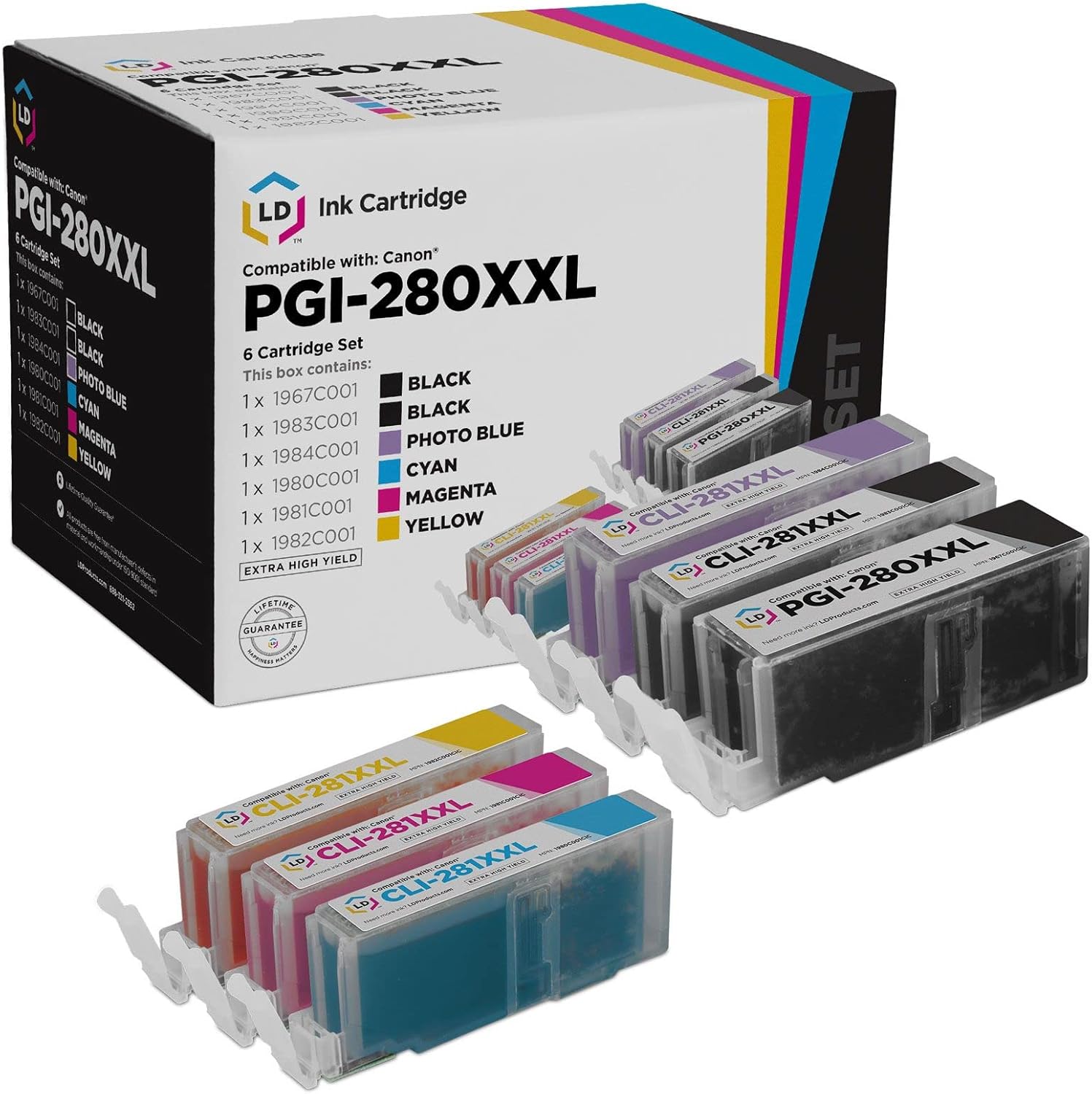 LD Products Ink Cartridge Replacements Compatible with Canon PGI-280XXL CLI-281XXL Super High Yield (Pigment Black, Black, Cyan, Magenta, Yellow, Photo Blue, 6-Pack) Compatible with TS8320 and TS9120