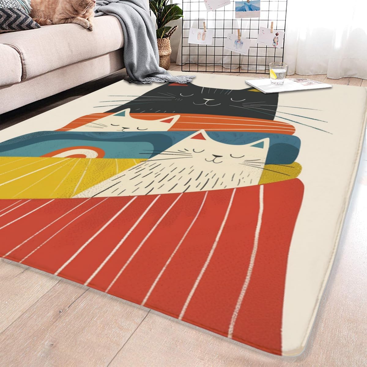 Funny Cat Geometric Line Print Flannel Non-Slip Carpet - Machine Washable Rug for Living Room, Bedroom, Restaurant, Children's Play Area - 24x36 Inch