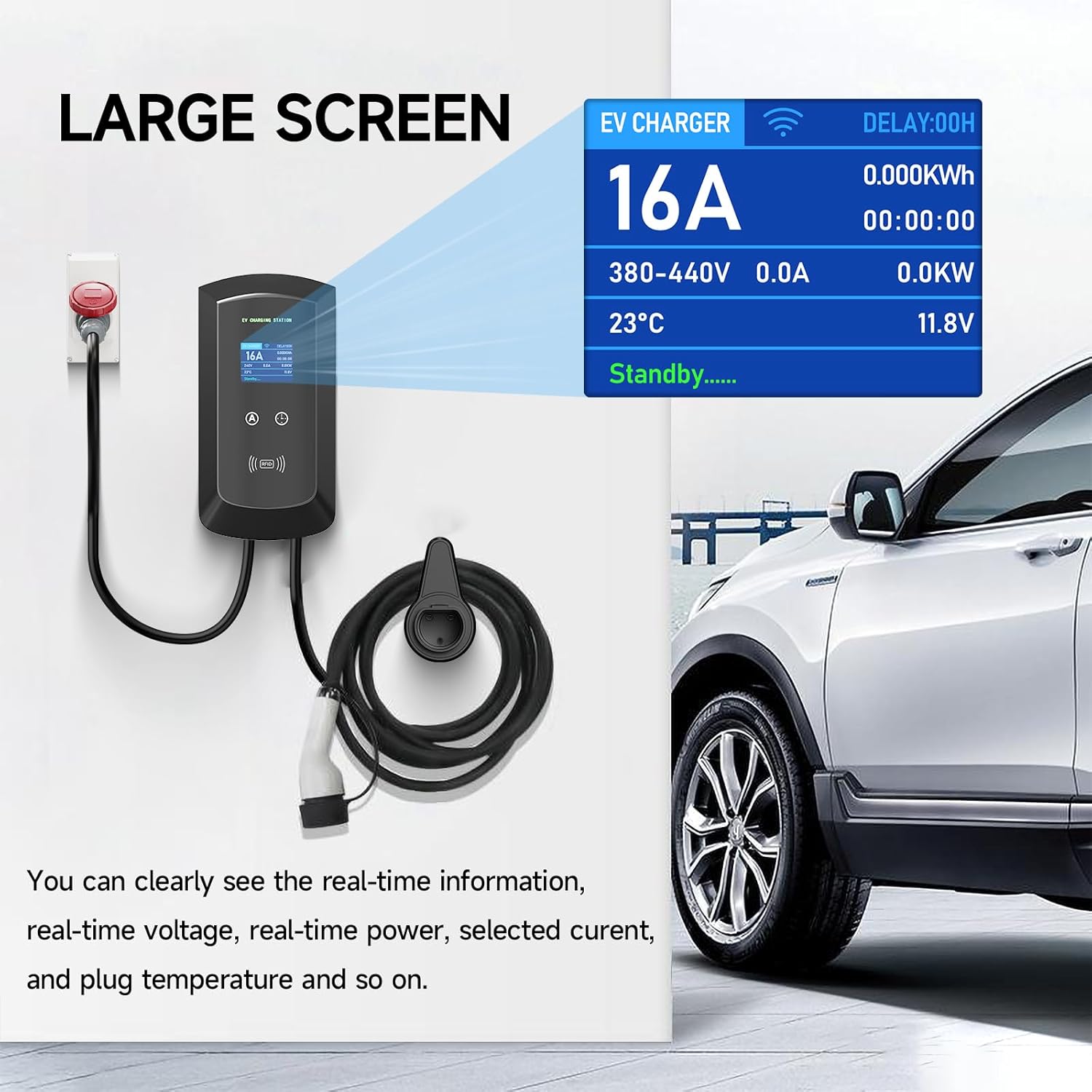 Close-up of the EV charging station's large display screen showing real-time charging data like current, voltage, moc i temperatura.