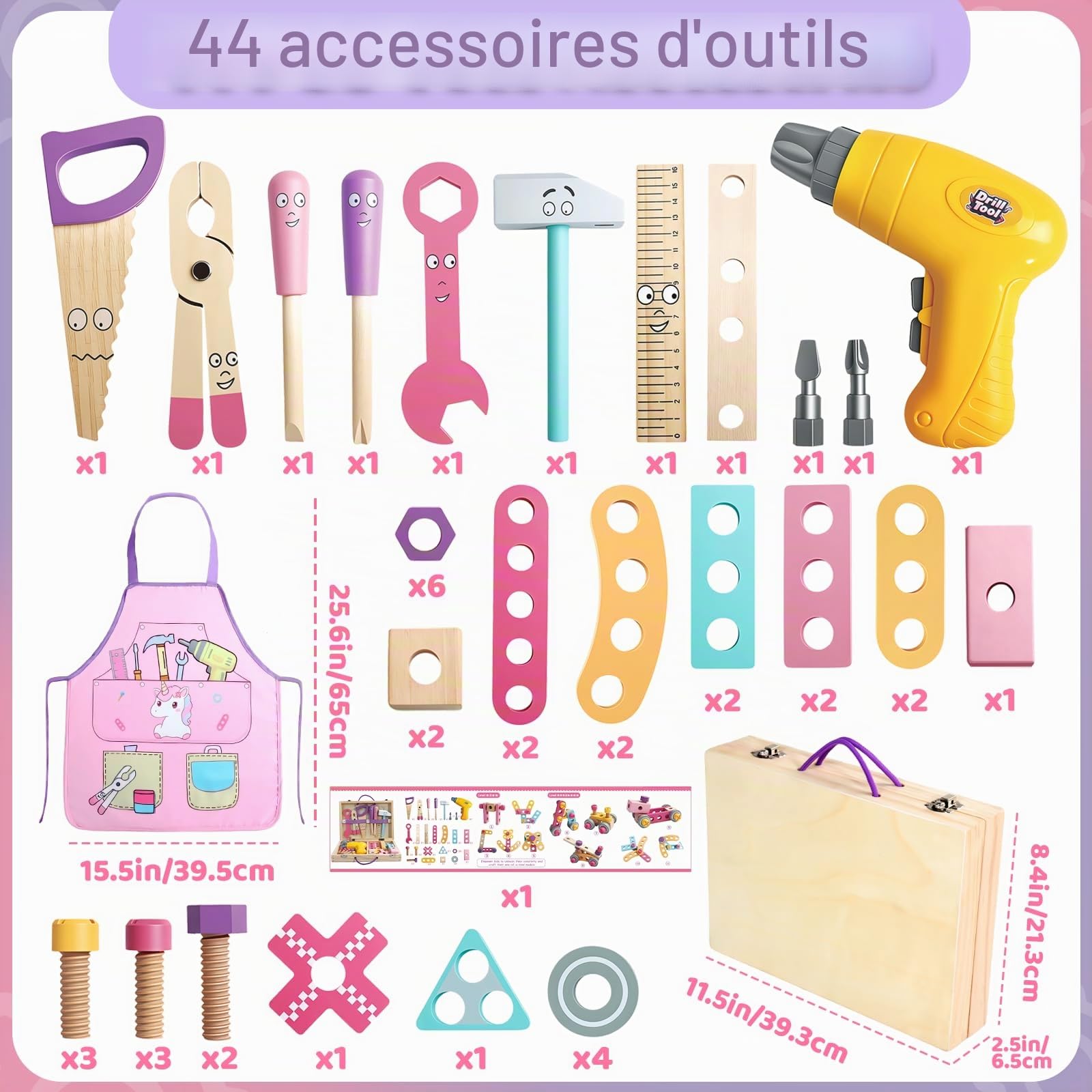 Jouet Enfant 3 ans, Jouet Fille 3 ans, Boite a Outils Enfant Montessori Jeux Enfants 3 ans, Jeux Fille 3 4 ans Bois Jouets avec Perceuse Tablier Bricolage Outils Cadeau Fille 3 4 5 ans Garçon (44 Pcs)