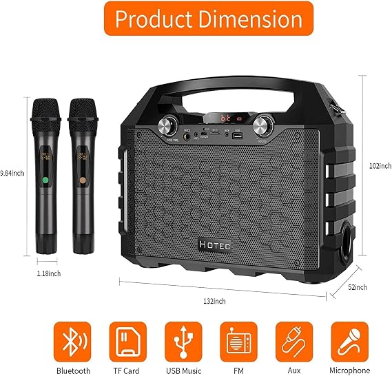 Hotec Wireless Bluetooth Portable PA Speaker System, Powerful Bluetooth Karaoke Machine with Dual Wireless Microphones for Karaoke, Wedding, Party, Teaching, Lecture, Church, Outdoor Indoor Activities