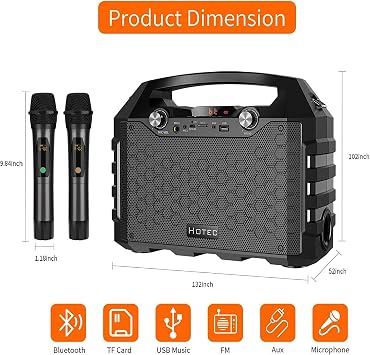Hotec Wireless Bluetooth Portable PA Speaker System, Powerful Bluetooth Karaoke Machine with Dual Wireless Microphones for Karaoke, Wedding, Party, Teaching, Lecture, Church, Outdoor Indoor Activities