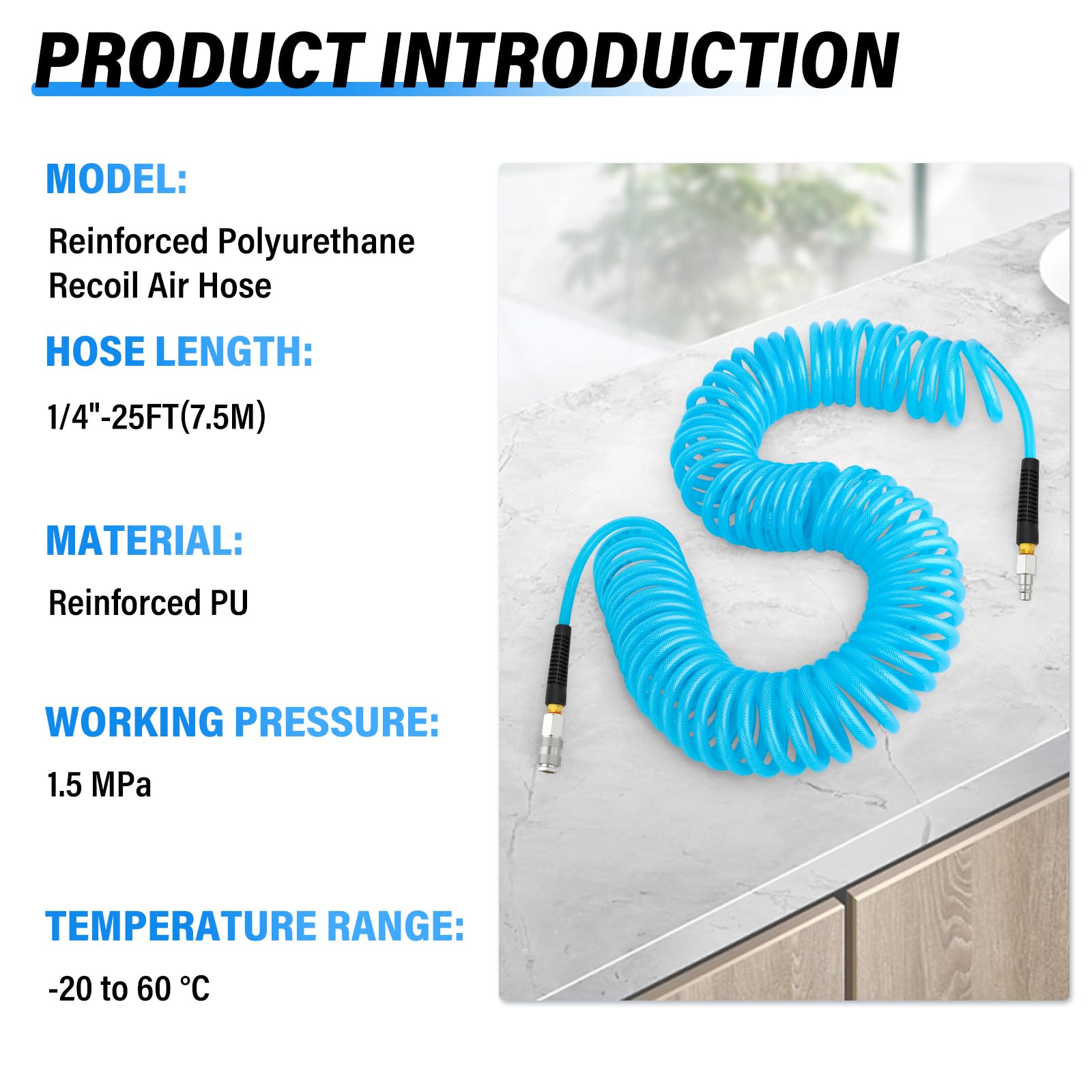 TAILONZ PNEUMATIC 1/4" x 7.5M Reinforced Polyurethane Recoil Air Hose with Bend Restrictor, 1/4" Industrial Quick Coupler and Plug - Image 4