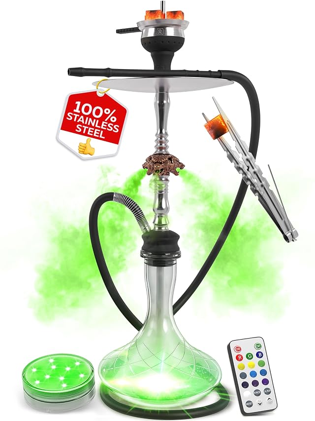 Stainless Steel Hookah Set - 27in Premium Glass Hookah Kit Wolf One Big Hooka Machine with Accessories Amazing