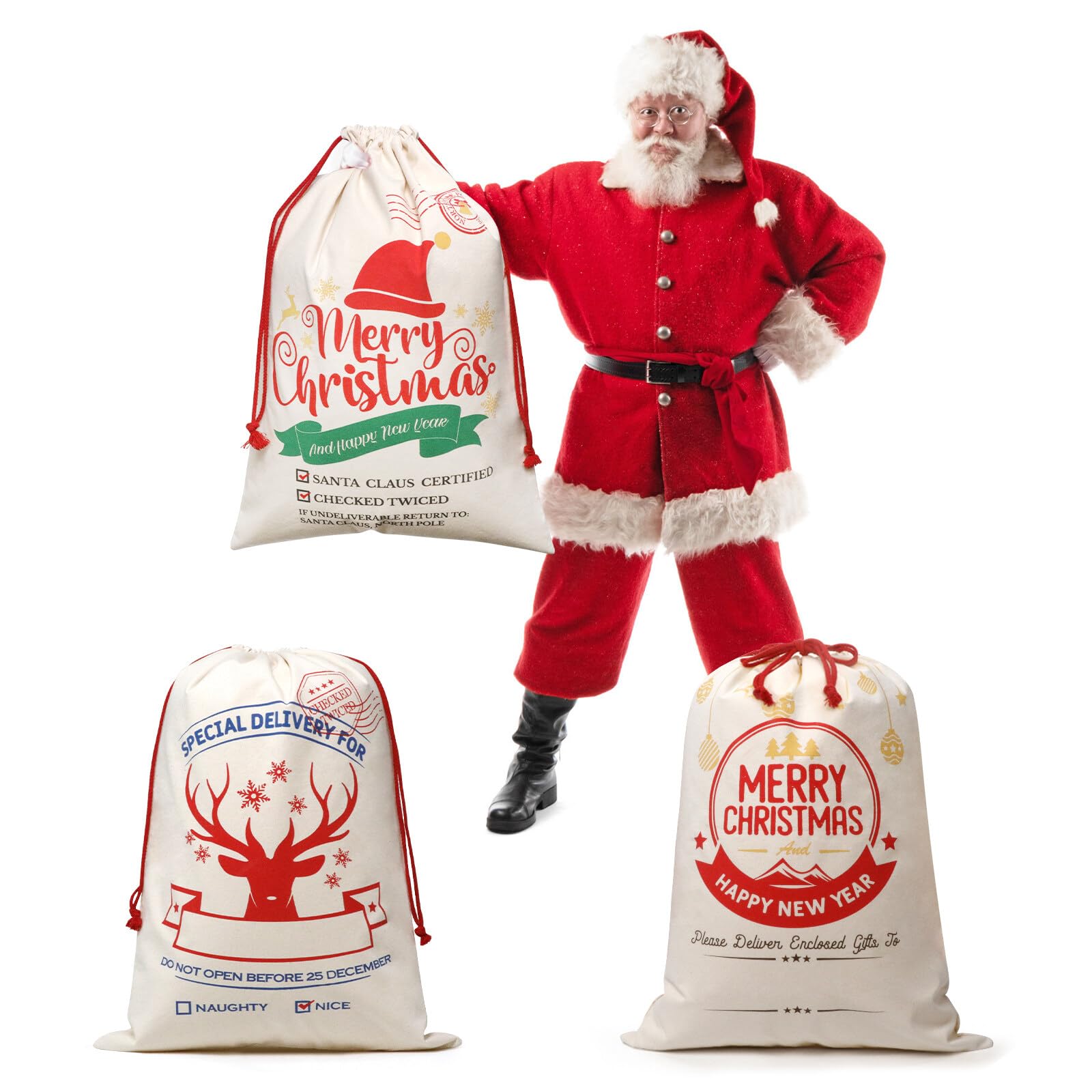 YzpaccYzpacc 3 Pcs Reusable Santa Sacks - Large Drawstring Canvas Gift Bags - 19.6x27.6 in for Christmas Wrapping