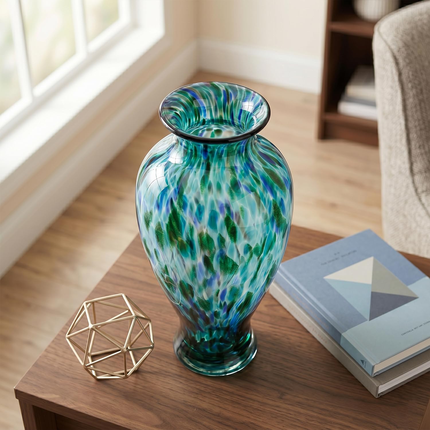 Vaso in vetro soffiato a mano, alto 30 cm, bellissimo vaso turchese a bocca larga per centrotavola, vaso da fiori in vetro di Murano colorato dipinto per – ingresso casa centro matrimoni