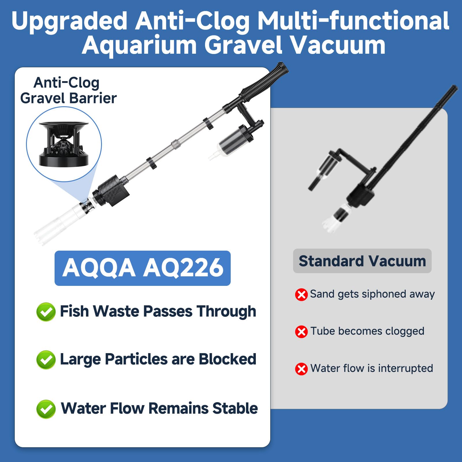 AQQA Limpiador de peceras, 1200 l/h, limpiador eléctrico ajustable de grava, limpiador de arena de 16 W con bolsa de filtro para cambio de agua, lavado de arena y filtración