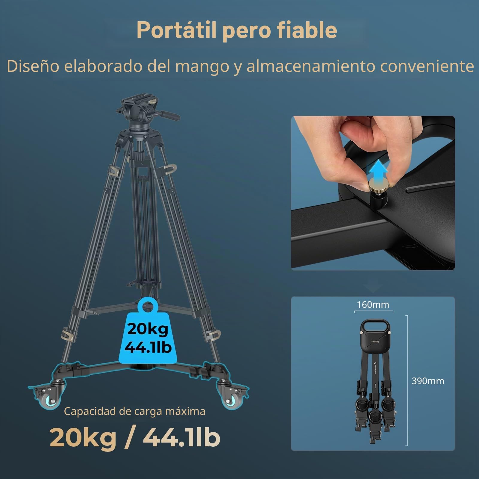 SMALLRIG Trípode para Fotografía de Alta Resistencia con Ruedas de Goma de 3", Patas Ajustables, asa y Bolsa de Transporte, Ruedas de Trípode con Capacidad de 44,1lb para Filmación y Fotografía - 5020