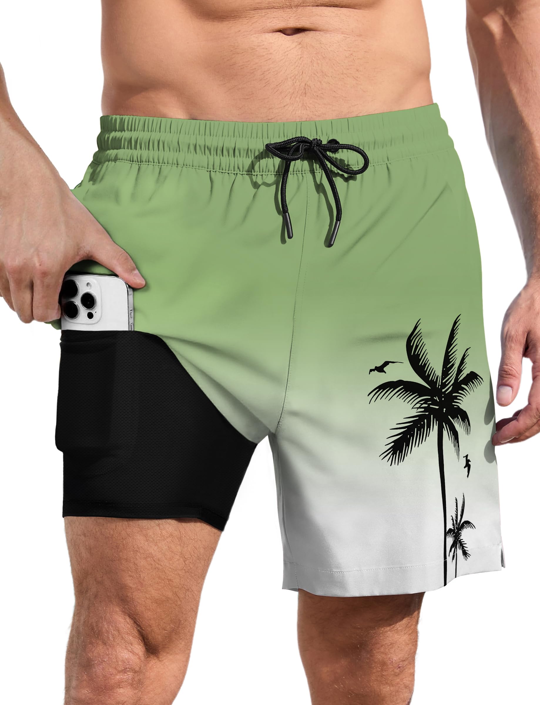 Lzzidou Men Swim Trunks with Compresssion Liner 7 Inch Inseam Board Shorts Bathing Suit with Zipper Pockets