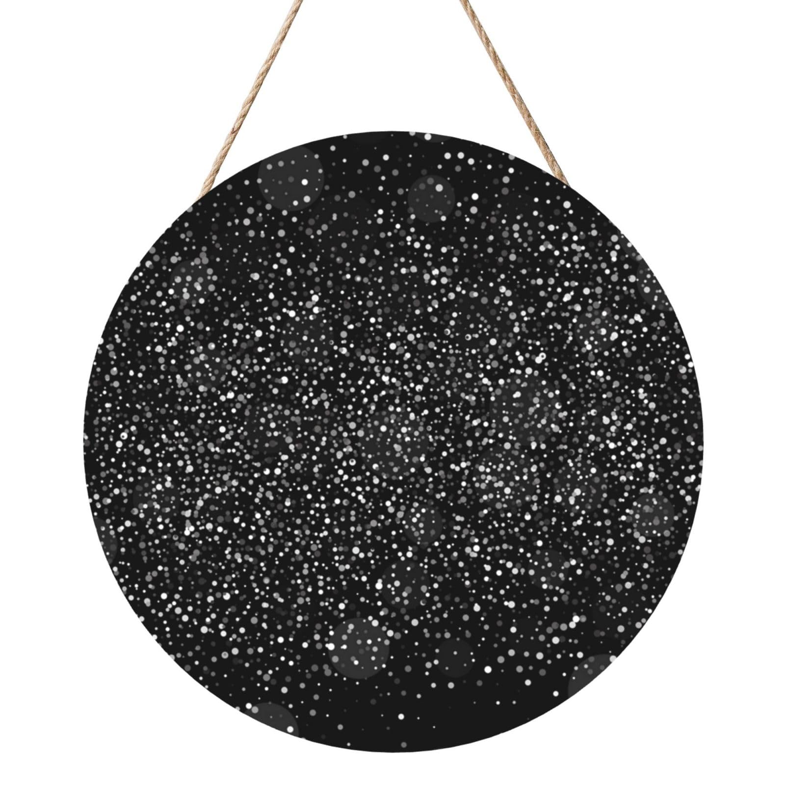 InOmak Shiny Silver Glitter On Black Background, Round Wood Panel Painting 12 in, Wall Hanging Painting For Home