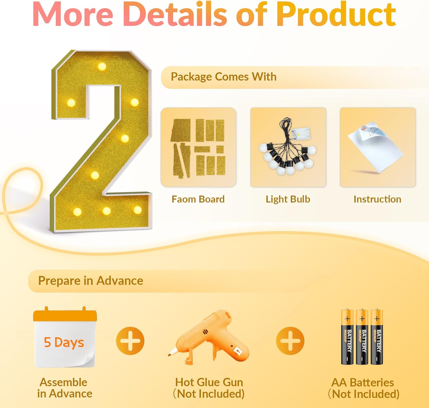JoyMuse 3FT Graduation Decorations 2025, 25 Numbers for Graduation Gold Graduation Decorations with Yellow Lights for College Highschool Kindergarten Preschool Graduation Party
