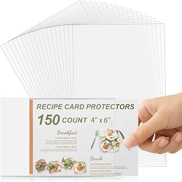150 Count Recipe Card Protectors , 4 x 6 Recipe Card Holder Covers Waterproof & Oil-Proof Plastic Sleeves for Index Cards, Recipe Holder Covers, Cookbook Protector Sheets