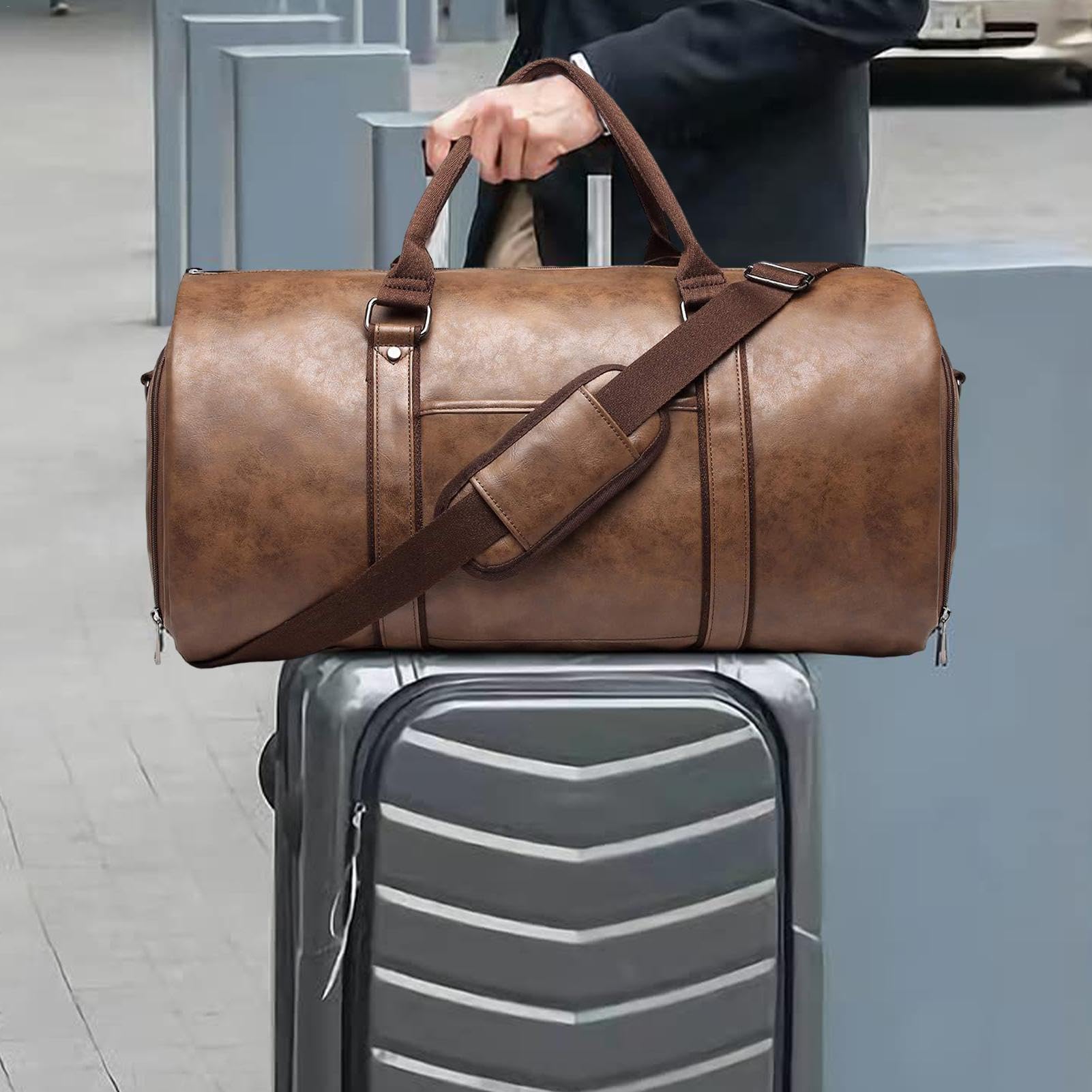 Porta abiti da viaggio | Borsa per tuta grande Borse da trasporto impermeabili in pelle, Valigia di abbigliamento 2 in 1 per viaggi d'affari, vacanze, Té Marrone, Consulte la descripción, Vedere la