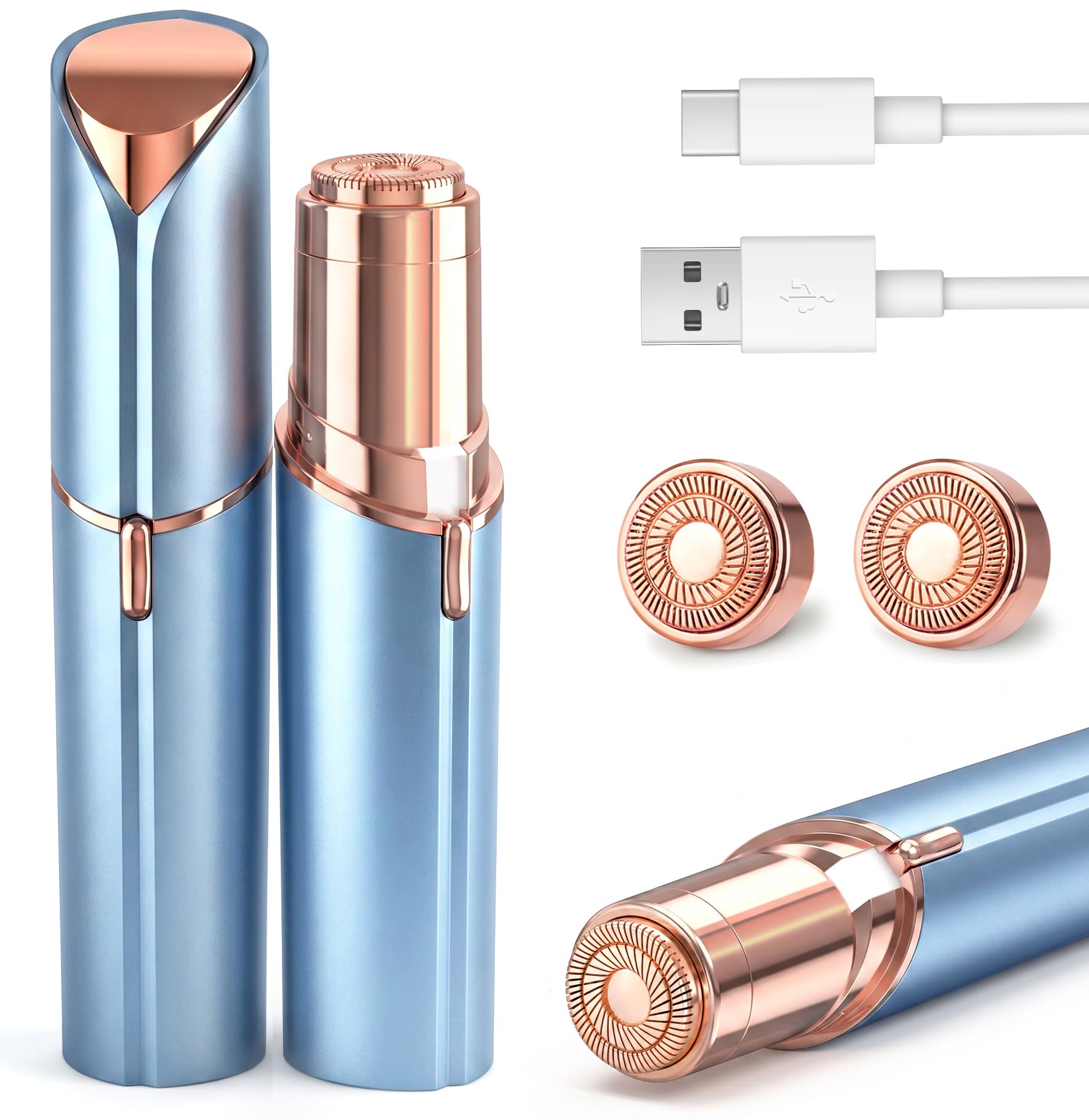 Facial Hair Remover for Women, USB Rechargeable with 2 Extra Heads Blue