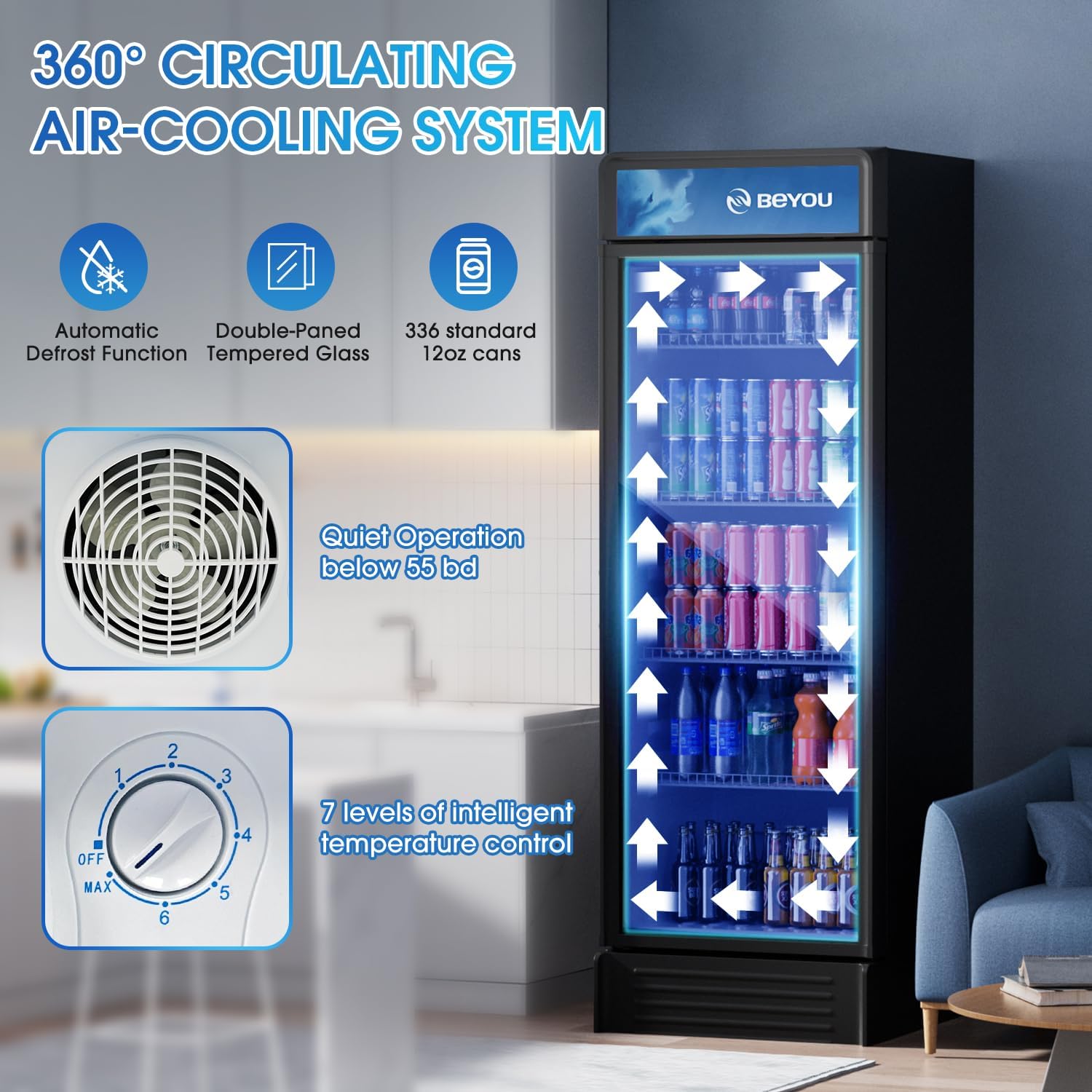 BEYOU Commercial Beverage Refrigerator, 12.2 cu. Ft Upright Display Merchandiser with single Glass Door, Drink Cooler for Living Room,Bar,Garage（Black）