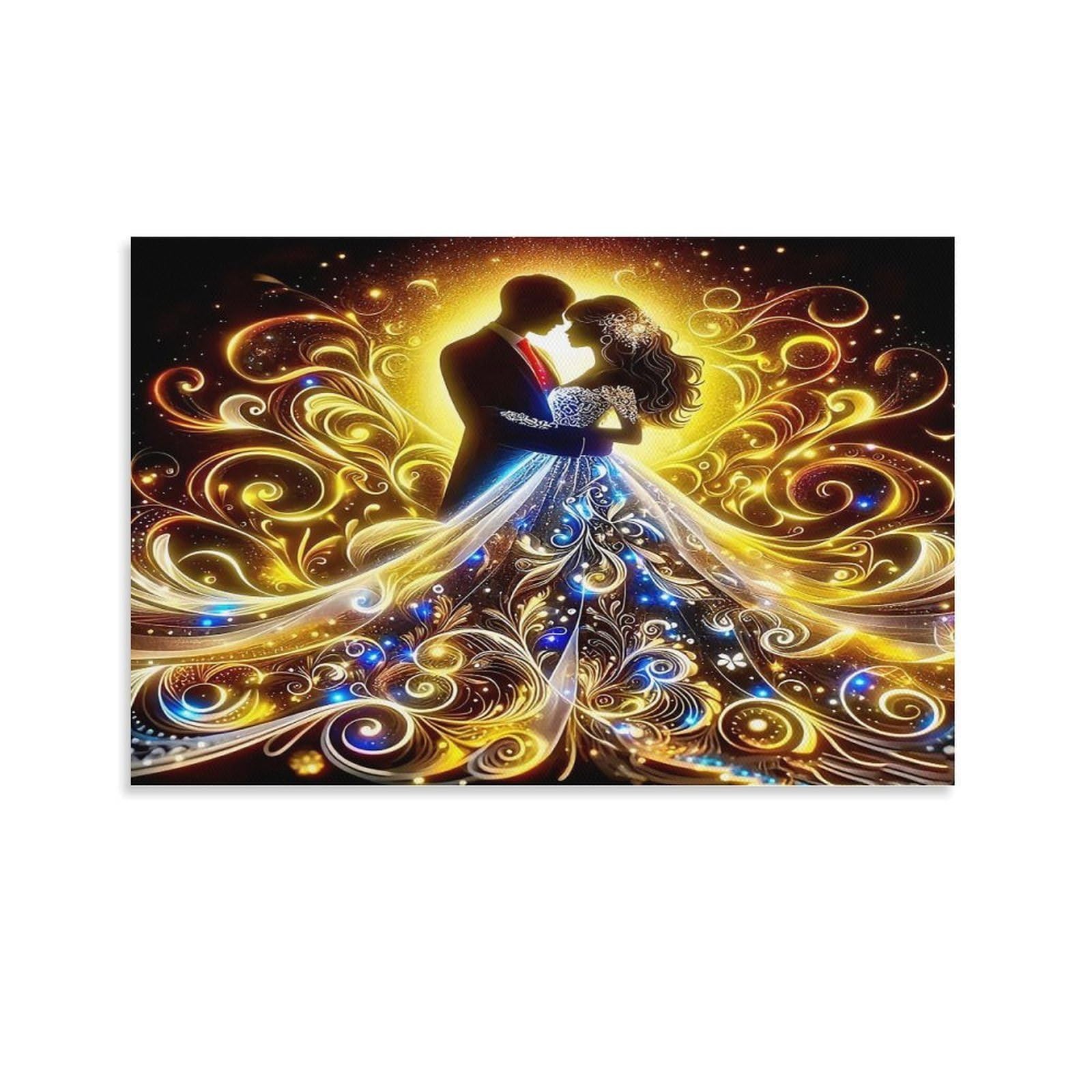 CPLVKWRQJ Sleeping Woman in Pink Gown Surrounded by Flowers Dancing Couple Glowing Ornate Golden Gown Canvas Print - Kitchen Canvas Wall Decor Easy to Clean Removable Focal Point 20x30inch(50x75cm)