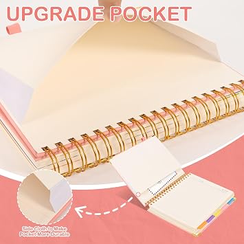 5 Subject Notebook with Removable Dividers Tabs, 300 Pages Leather Hardcover Spiral Notebook College Ruled, 8x10 Large B5 Notebooks for Work School, Lined Journal for Women, Pink