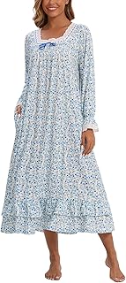 Rubehoow Women’s Victorian Nightgown Vintage Long Sleeve Pajama Dress Soft Cotton Lounge Dress Nightwear