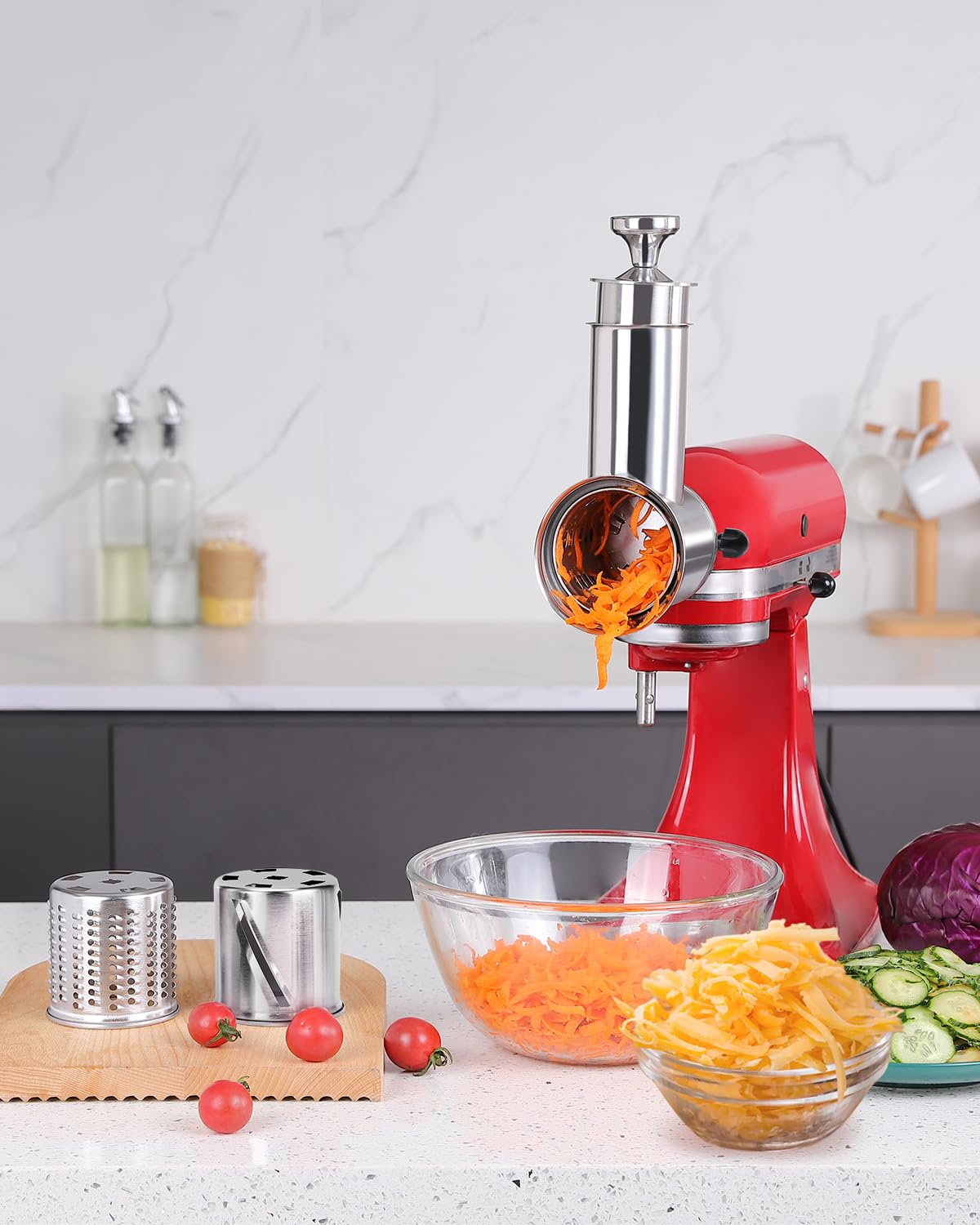 RAFBAR Accessoire pour râpe à fromage KitchenAid - Lame plus large de 75 mm pour KitchenAid - Grande goulotte d'alimentation de 60 mm, 3 lames de tambour, machine à salade, passe au lave-vaisselle
