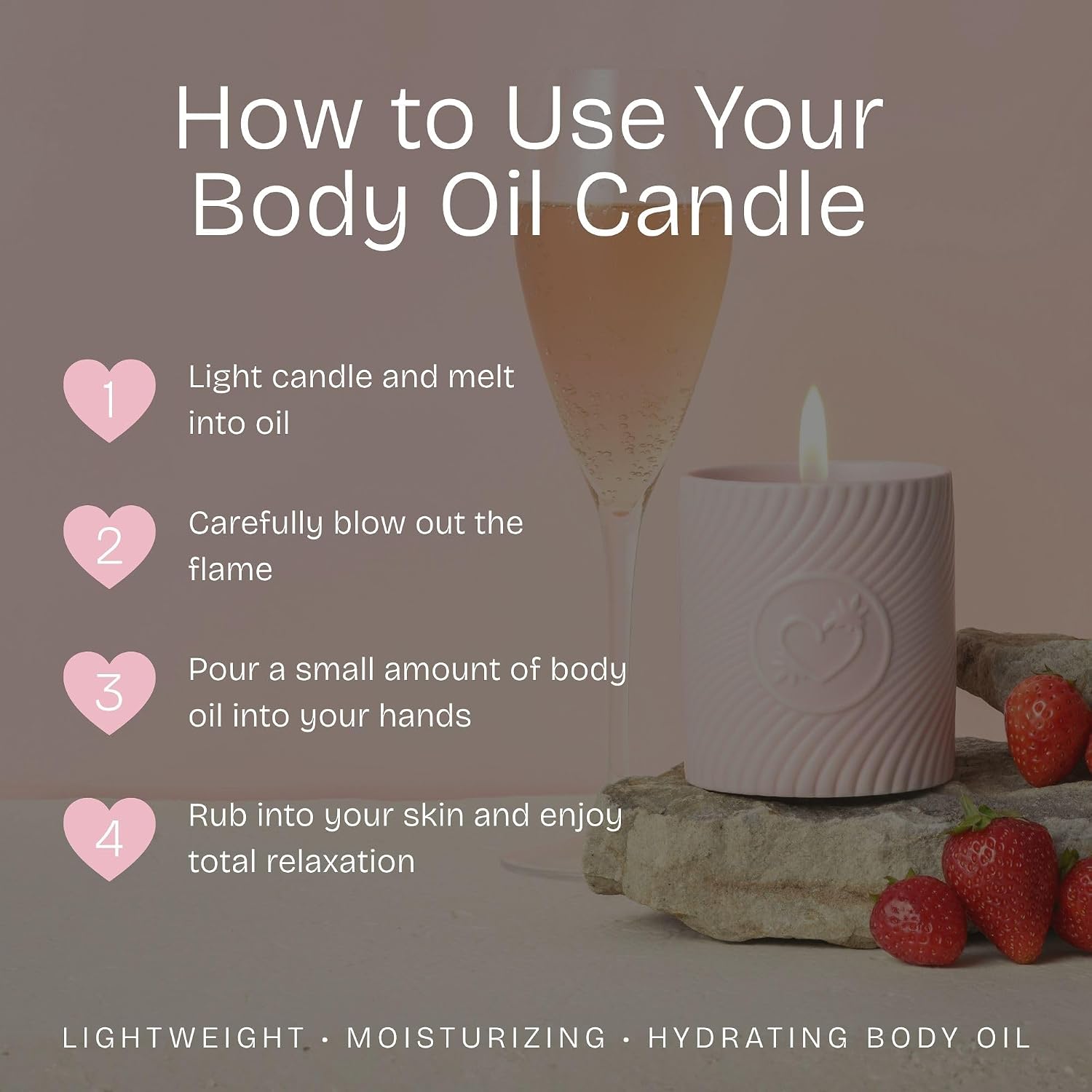 Body Oil Candle - Luxurious, Soy Candle Made w/Hemp Seed, Grape Seed, & Vitamin E Oil - Moisturizing Body Glow w/Non-Greasy, Glowy Finish (Strawberries & Champagne) (250g)