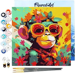 Figured'Art Mini Paint by Numbers Kit for Adults with Frame Fantasy Monkey and Flowers Small Format 8"x8" - Craft Art Painting DIY Canvas Already Stretched on a Wooden Frame
