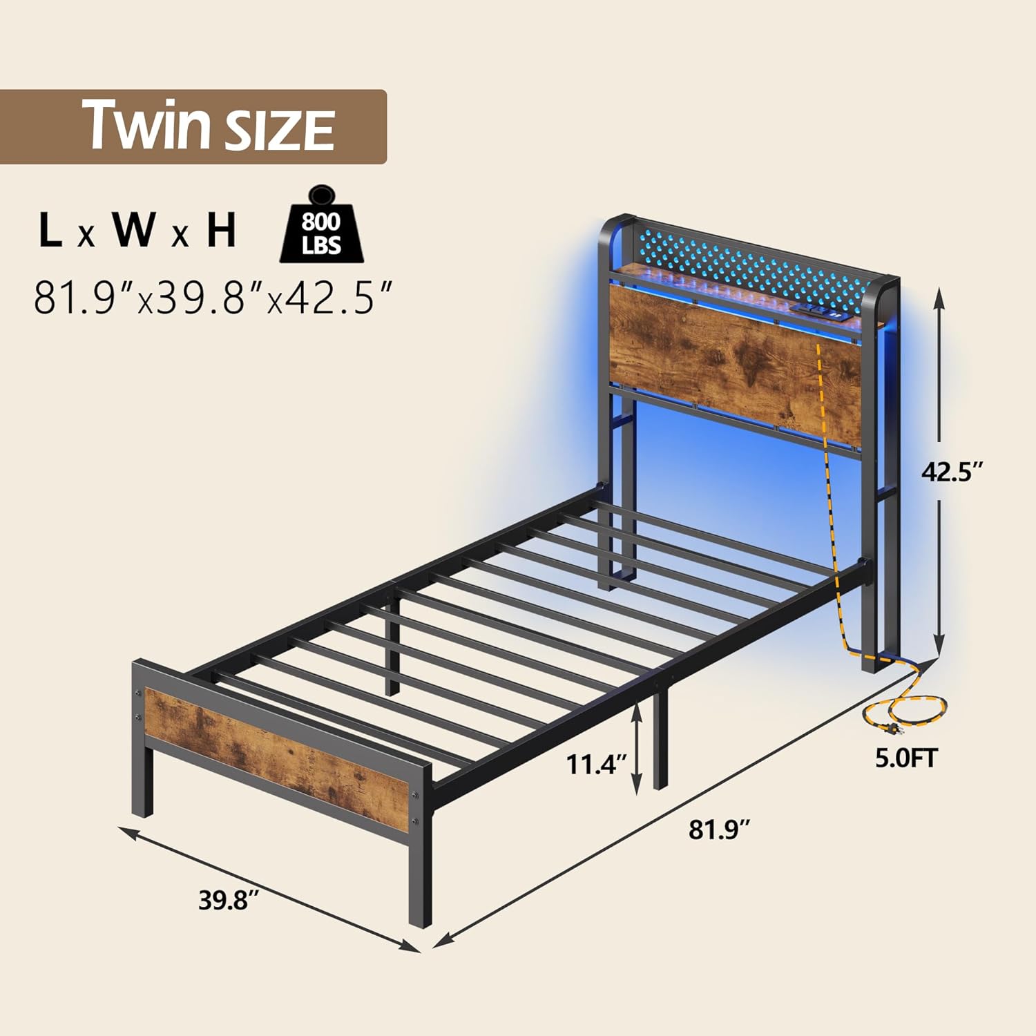 Furnulem Bed Frame Twin Size with LED Lights & Charging Station,Bedframe with Wood Storage Headboard,Metal Platform Bed with Under Storage,USB Port,Strong Metal Slats,No Box Spring Needed
