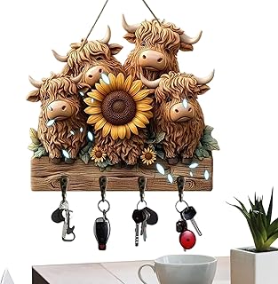 壁掛けキーホルダー, ラスティック牛2D 4フック付き, キーハンガー壁掛けラック, エントランス廊下ファームハウスリビングルームキッチンホームデコオフィスアパート用