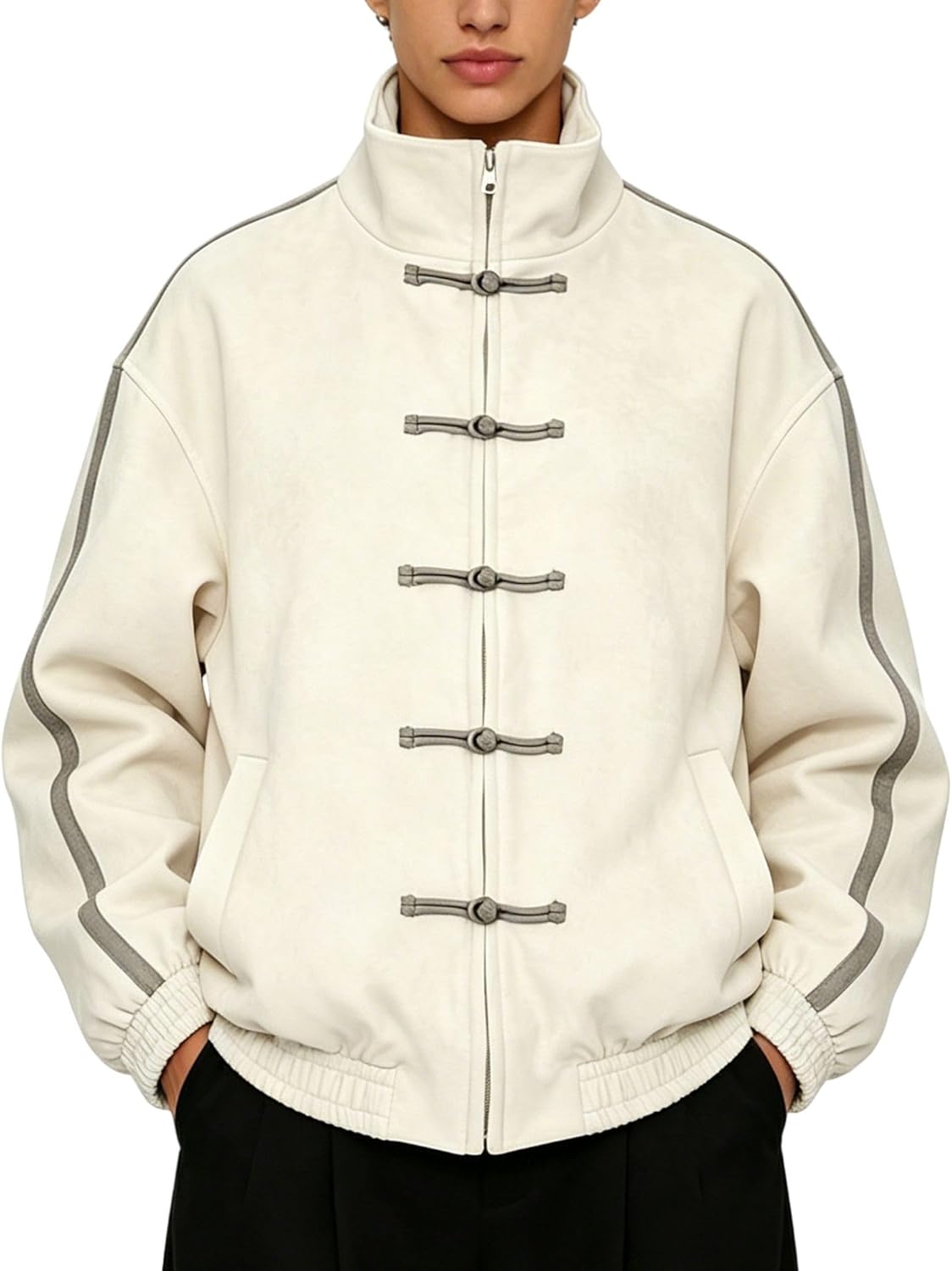 Chinese Style Jacket Stand Collar Zip Up Faux Suede Coat Striped Cuff Oversized Track Outerwear for Men and Women