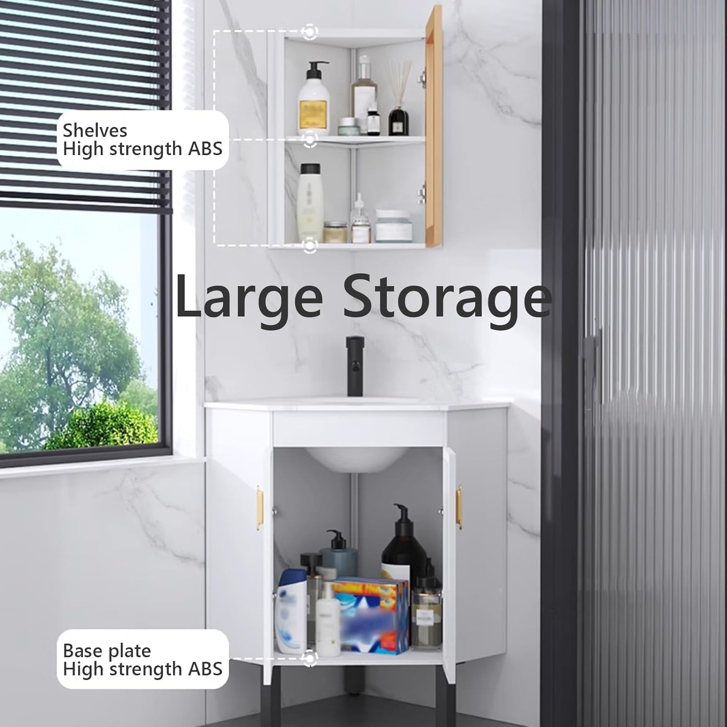 Corner Bathroom Mirror Cabinet with Integrated Lighting, Smart Glaze Finish, Space-Saving Design, Three-Leg Support, Ideal for Small Bathrooms and Sinks