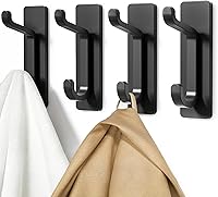 pickpiff Heavy Duty Adhesive Wall Hooks: 13LB Double Coat Towel Hangers, Rustproof Black 4 Pack No Drill