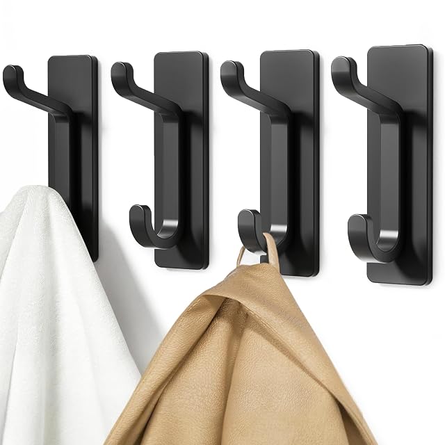 Wall Hooks for Coat and Towel 13LB Adhesive Door Hanger Stick on Black 4 Pack