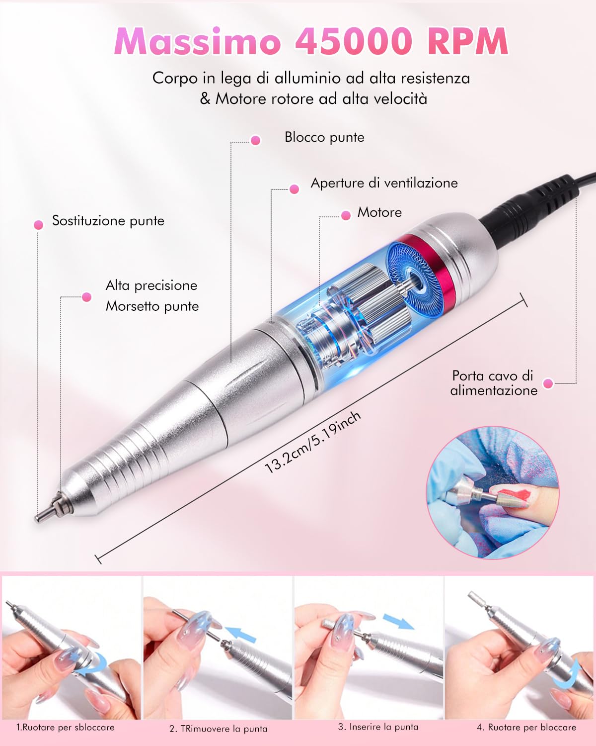 CozyZen Lima Elettrica per Unghie 45000 RPM | Display LCD, Controllo Manuale e Pedale, Silenziosa per Acrilico, Gel, Manicure e Pedicure - Uso Salone e Casa