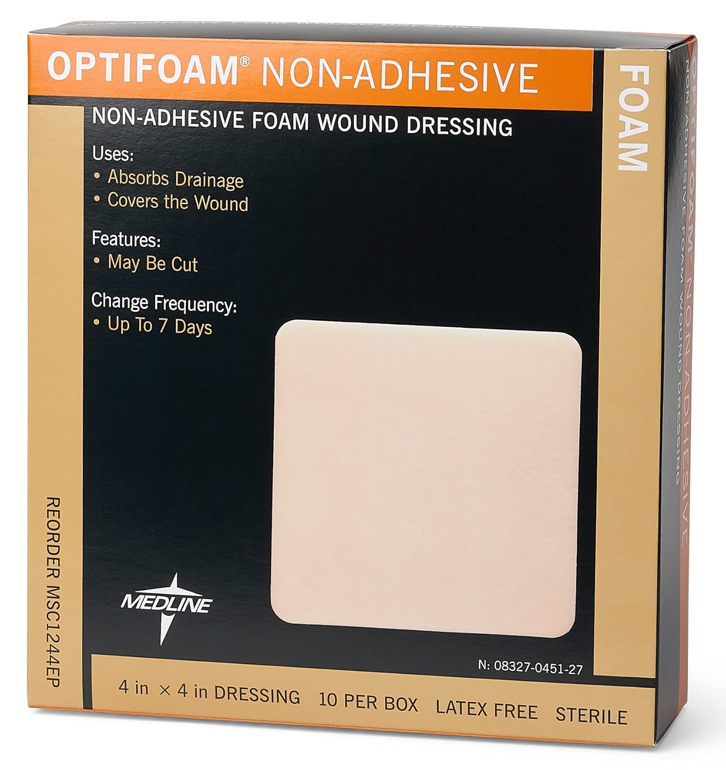 Medline Optifoam Non-Adhesive Foam Dressings, Sterile, 4" x 4" (Pack of 10)