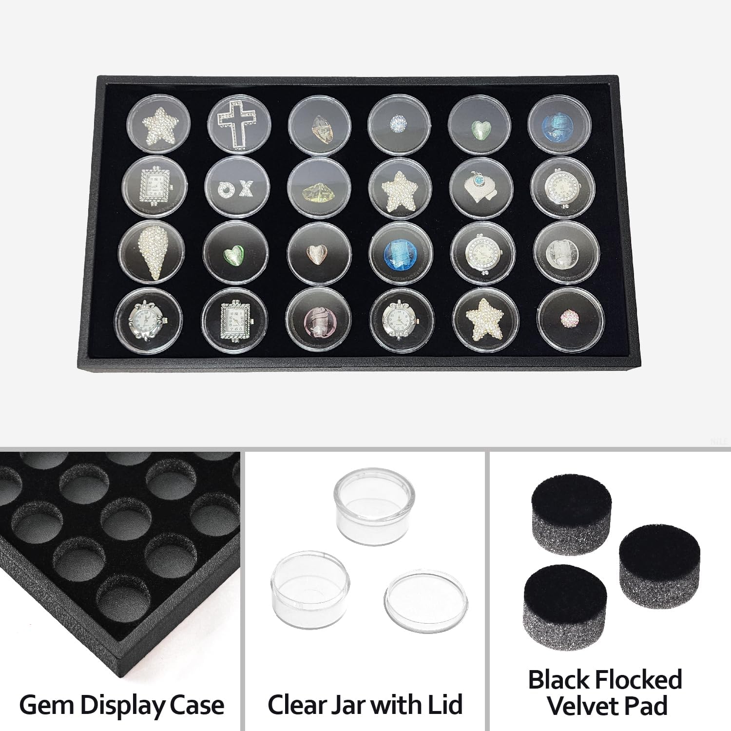 Ikee Design 24 Gem Showcase Stackable Jewelry Display Tray for Collectibles, Rock Storage Box Gemstones Bead Storage Jars, Black Foam, Black Tray, 14 7/8W x 8 3/8D x 1H in