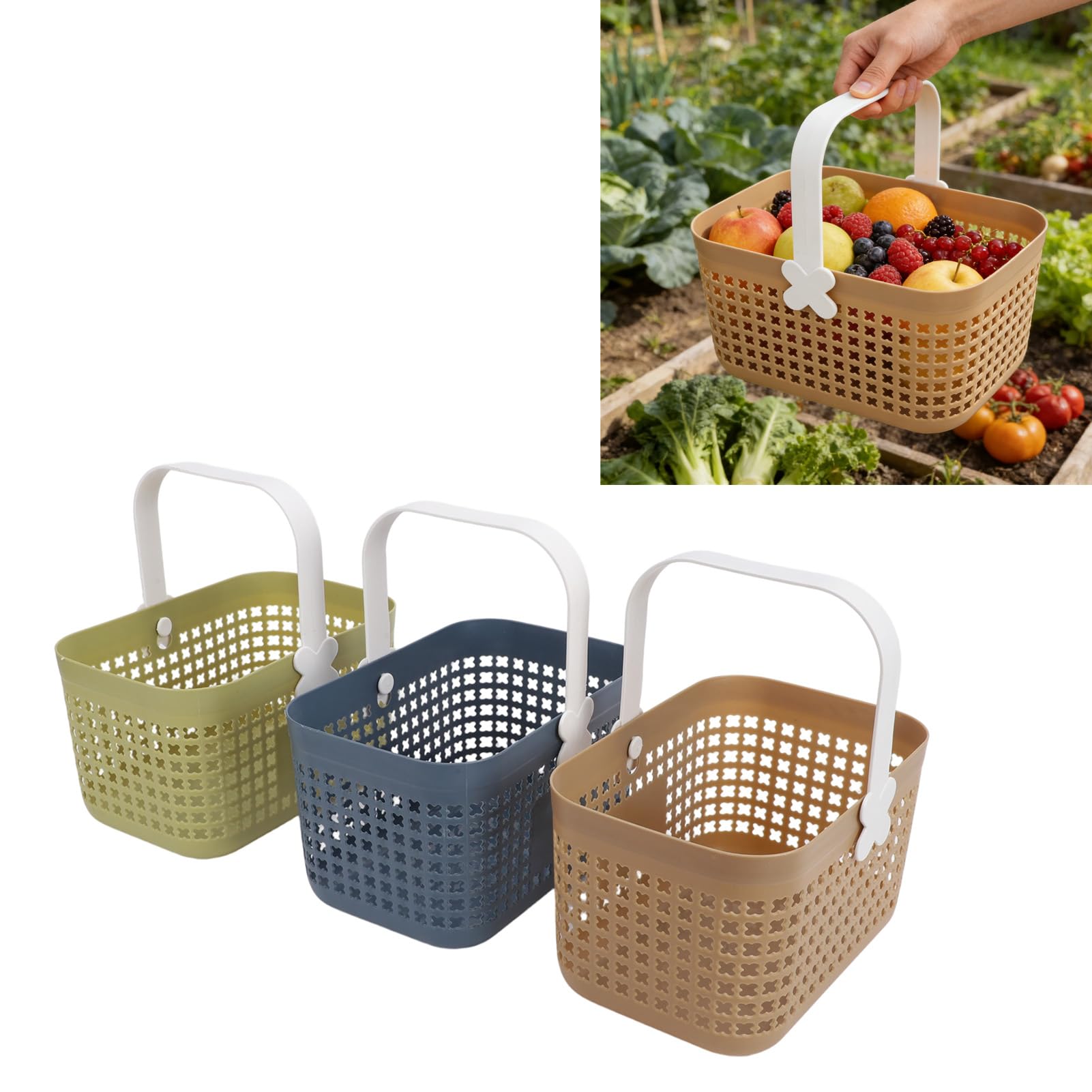 Asixxsix Cestino per Raccolta in Plastica da 3 Pezzi, Cestello Portaoggetti Rettangolare Impilabile con Manici Robusti per Raccogliere Verdure, Frutta e Bacche, Cucina da Giardino