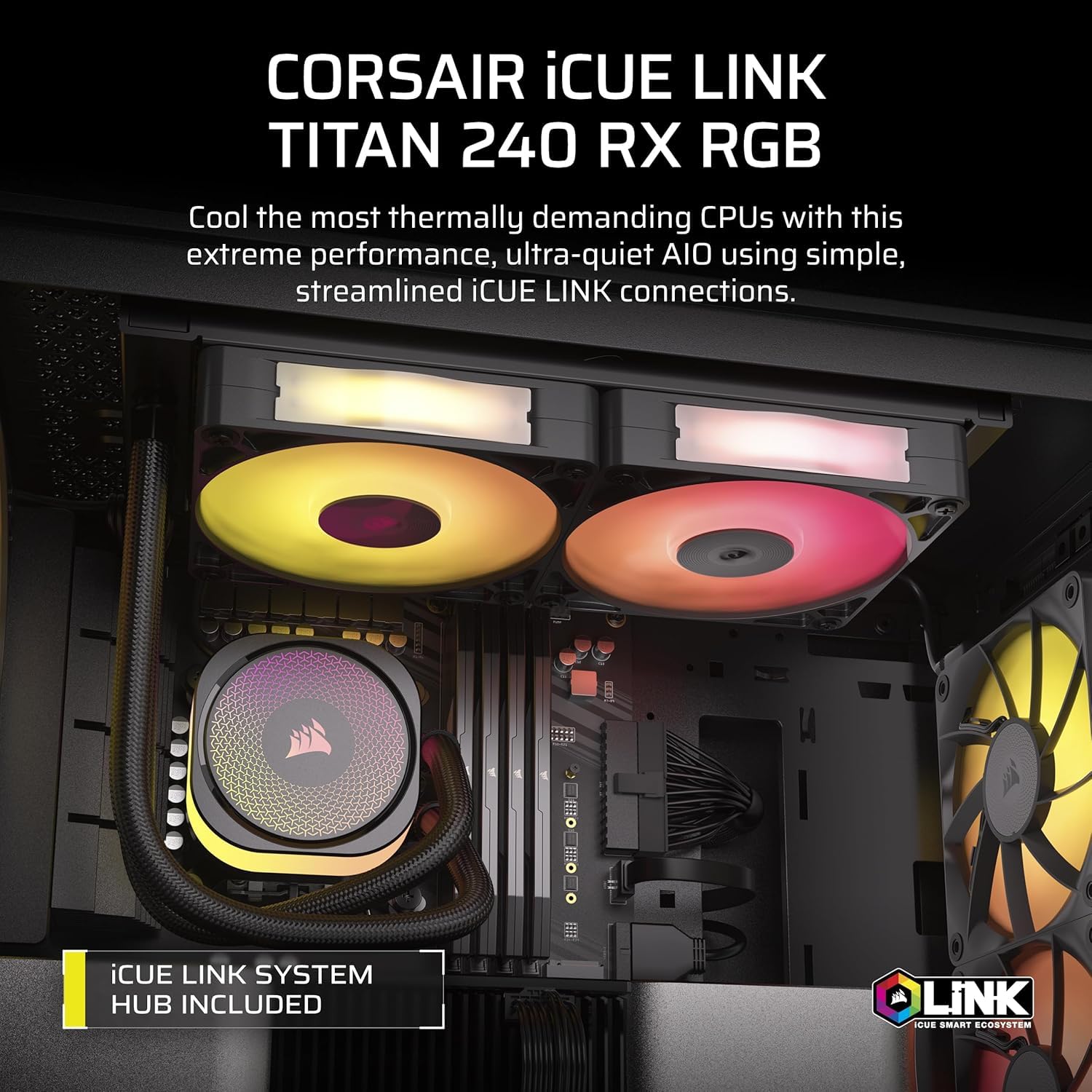 Corsair iCUE Link Titan 240 RX RGB Liquid CPU Cooler – 240mm AIO – 2X RX120 RGB Fans Included – Fits Intel LGA 1851/1700, AMD AM5/AM4 – iCUE Link System Hub Included – Black (Renewed)