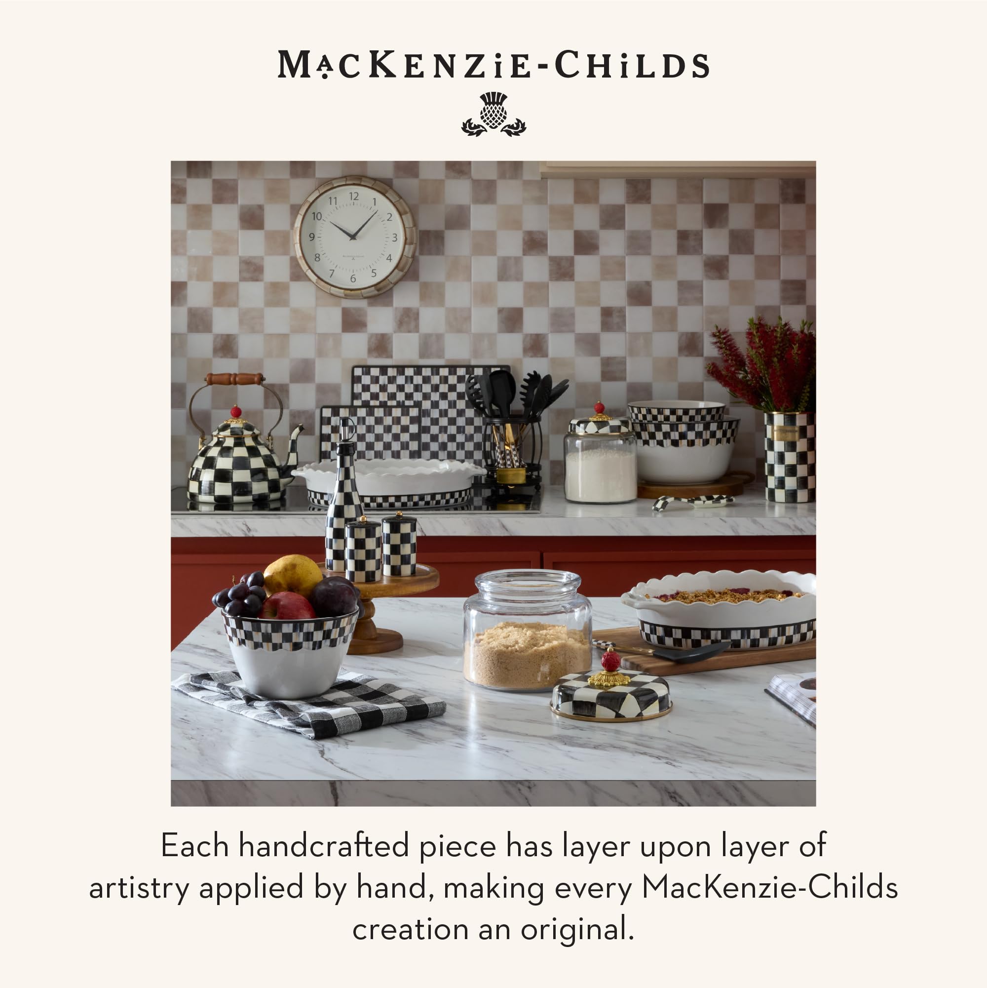 MACKENZIE-CHILDS Utensil Caddy | Sturdy cutlery organizer made from coated carbon steel with brass logo plate 6 dia. x 7 H product thumbnail 7